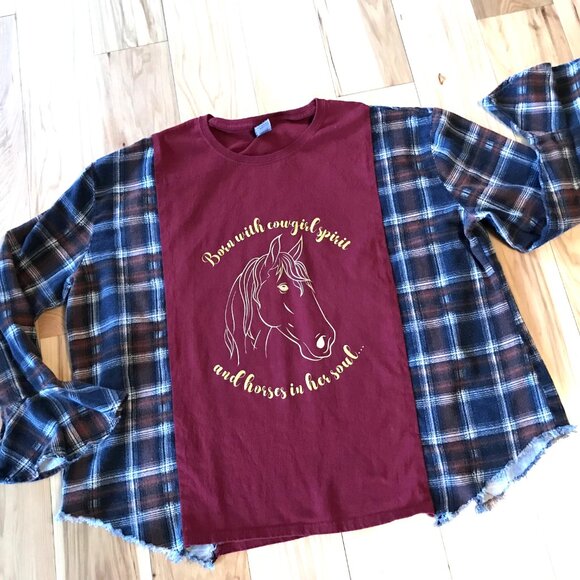 Reworked Flannel Tee, Size M-L: Oversized Upcycled Cowgirl Horse Graphic T-Shirt - Picture 3 of 8